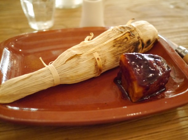 pork belly with tamales at grain store king's cross