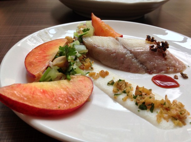 smoked eel with peaches and chickpeas at picture great portland street