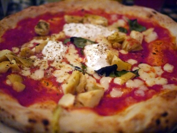 ricotta, artichokes and smoked garlic oil pizza at pizza pilgrims