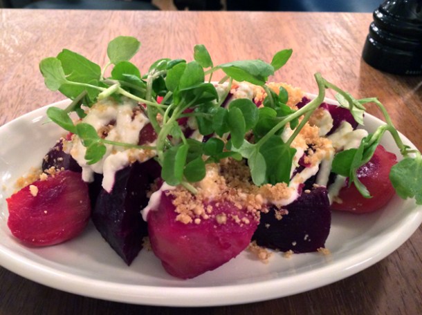 beetroot with horseradish and hazelnuts at foxlow