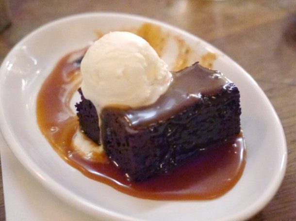 brownie with salted caramel and milk ice cream at the ape and bird