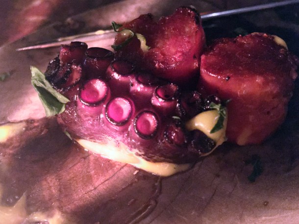 illustrative photo of the chorizo and octopus skewer deskewered at Ember Yard