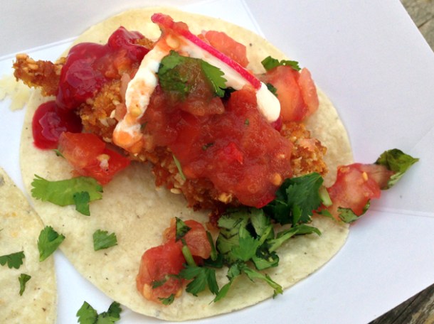 fried chicken with raspberry hot sauce tacos from breddo's tacos
