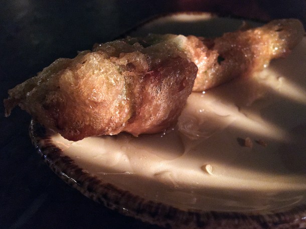 illustrative photo of the honey goats cheese stuffed courgette flower at Ember Yard
