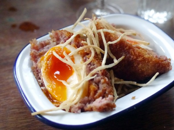 scotch egg with celeriac fries at the ape and bird