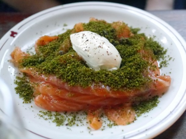 smoked salmon with dill crumbs and creme fraiche at the ape and bird