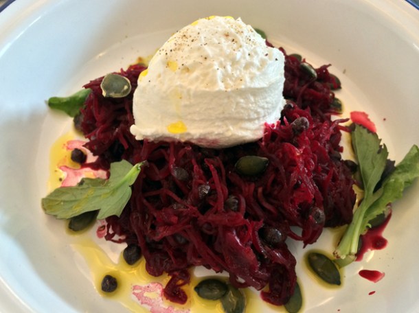 goat's cheese with beetroot and pumpkin seeds at boopshi's