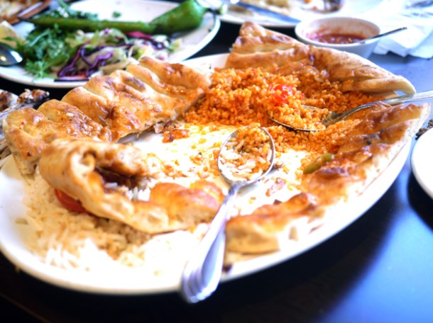 turkish bread, rice and tabbouleh at devran