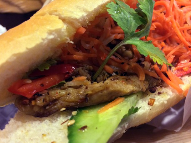 chargrilled lemongrass and sesame pork baguette at aobaba elephant and castle