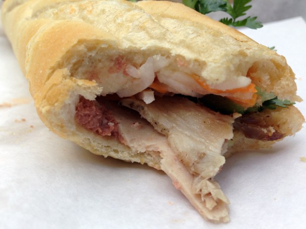 close up of bay special baguette at banh mi bay