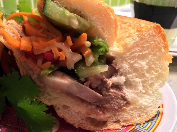 close up of pork banh mi at miss chu