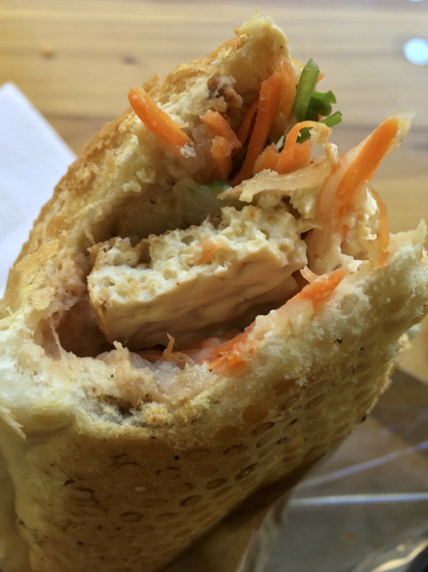 close up of tofu baguette at banh mi hoi an