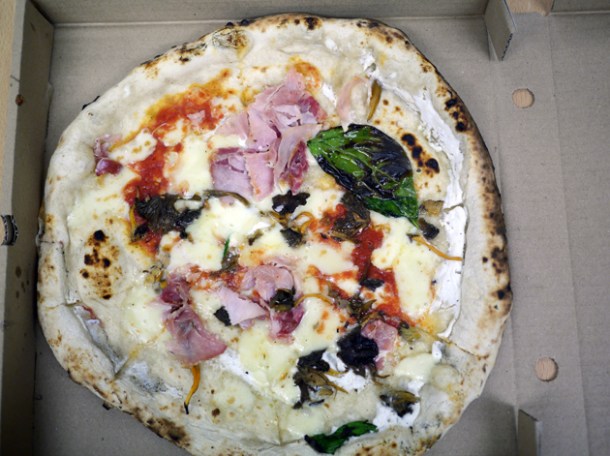 gloucester old spot ham, mozzarella, ricotta and mushrooms pizza from franco manca