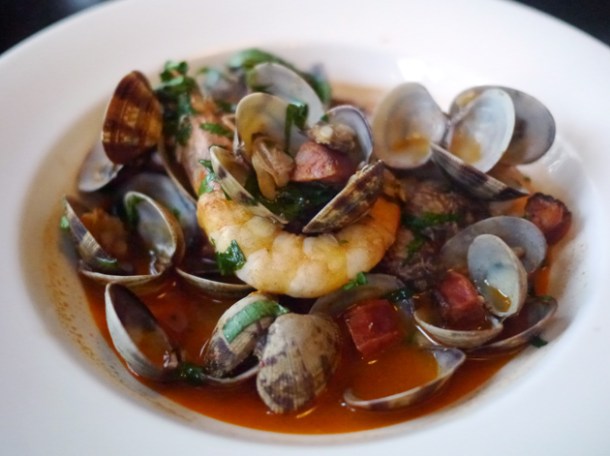 clams, chorizo and prawns in fino at 8 hoxton square