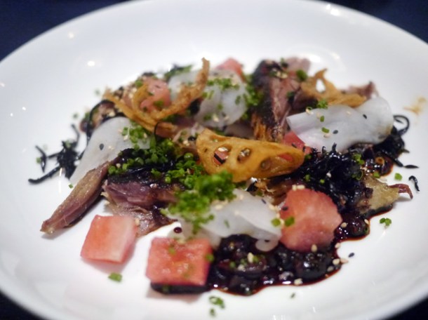duck confit with watermelon and spicy peanut soy at kurobuta marble arch