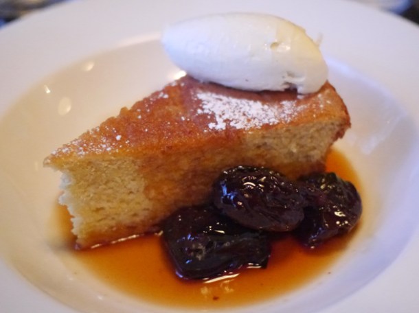 polenta cake in marsala sauce with prunes and mascarpone at 8 hoxton square