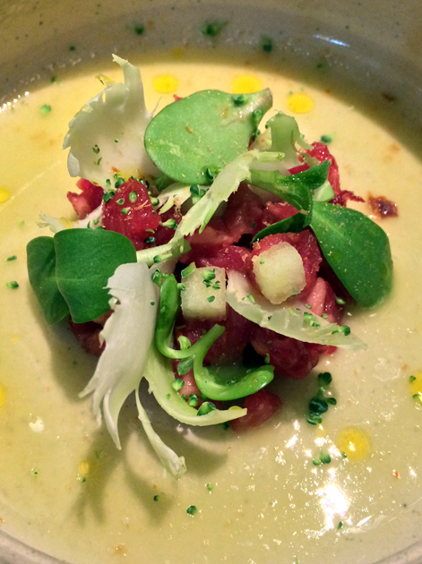 raw beef with smoked broccoli cream and apple juice at fera at claridge's