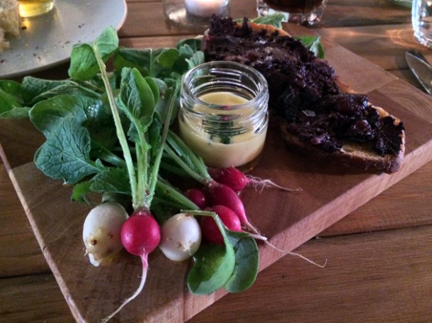 radishes with mayonnaise and black pudding on toast at heirloom crouch end