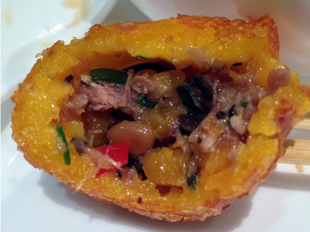 roasted duck and pumpkin puff filling at yauatcha