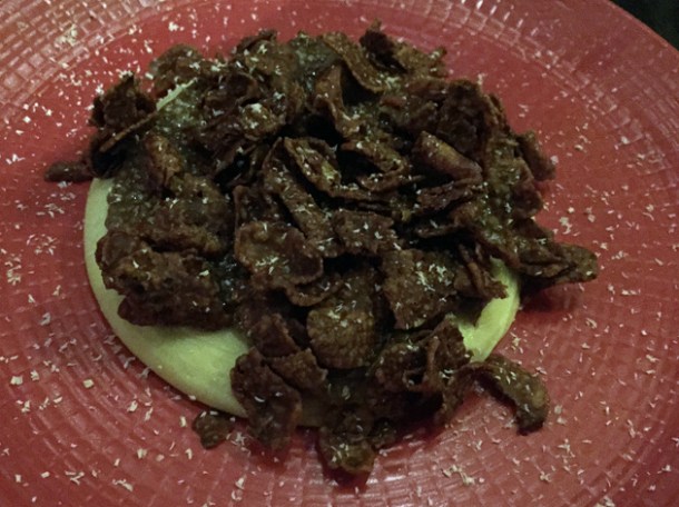 avocado and white chocolate mousse with chocolate cornflakes at tredwells