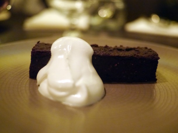 brownie with coconut ice cream at tredwells