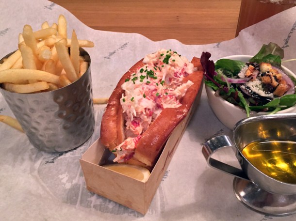 lobster roll, fries and salad from burger and lobster oxford circus