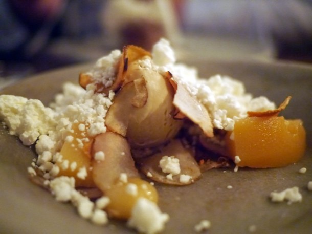 artichoke ice cream with smashed craime fraiche and poached quince at the manor clapham