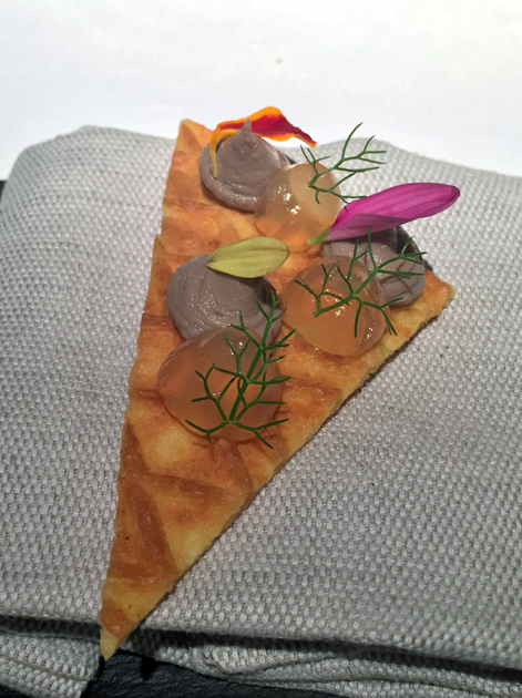 crisp topped with salmon cream and chicken liver cream at pipero al rex
