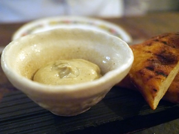 fermented potato flatbread with smoked aubergine and mint at the manor clapham