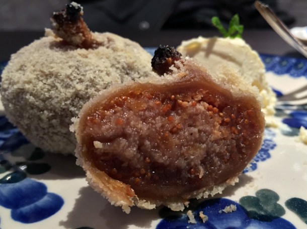 sliced figs coated with ground almonds and chestnut puree at babaji pide