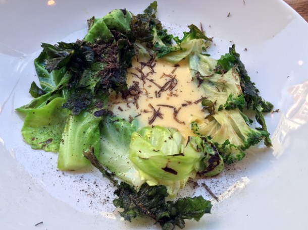 charred brassicas with egg emulsion and truffles at portland