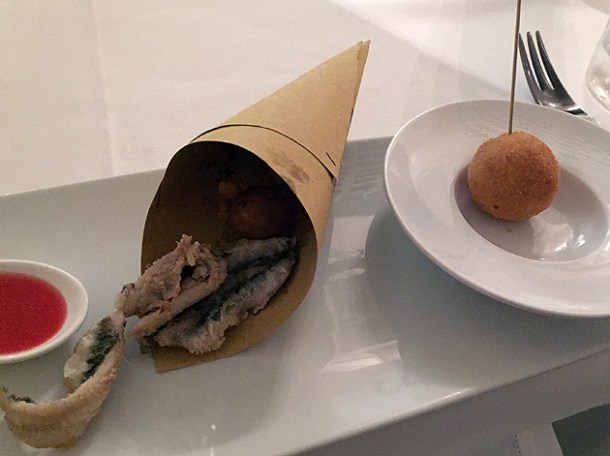 grilled sardines and breaded cheese ball at il sanlorenzo