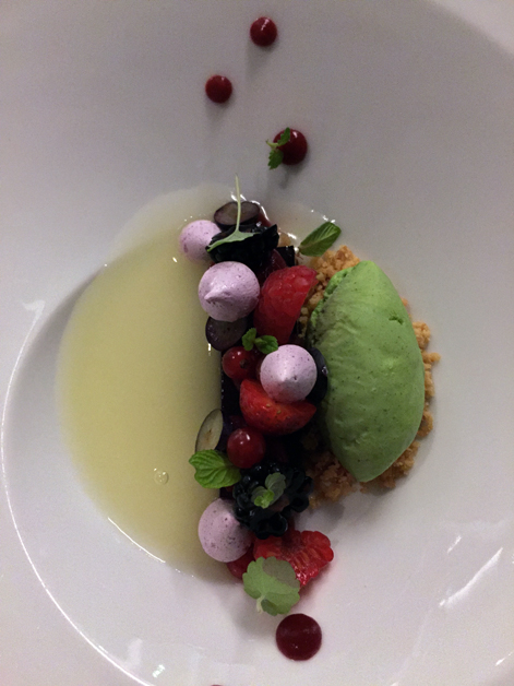 summer fruits, raspberry jelly and breadcrumbs in melon juice with dill ice cream at metamorfosi rome