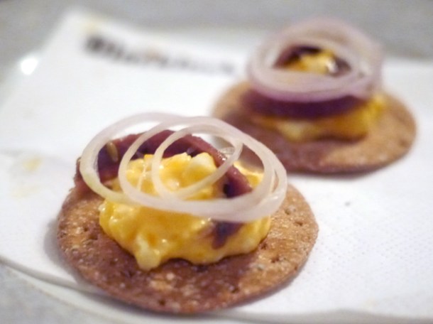 anchovy and egg crackers at blacklock