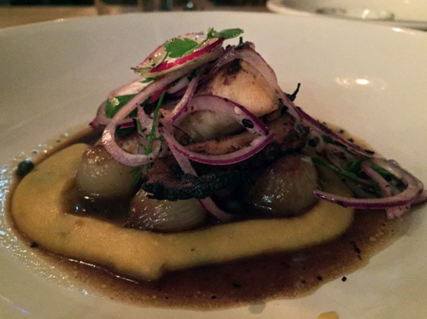 grilled octopus, greek fava beans and caramelised pearl onions at peckham bazaar