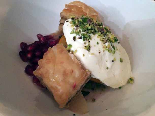 walnut and pistachio baklava, persimmon and pomegrante, yoghurt and rosewater icecream at peckham bazaar