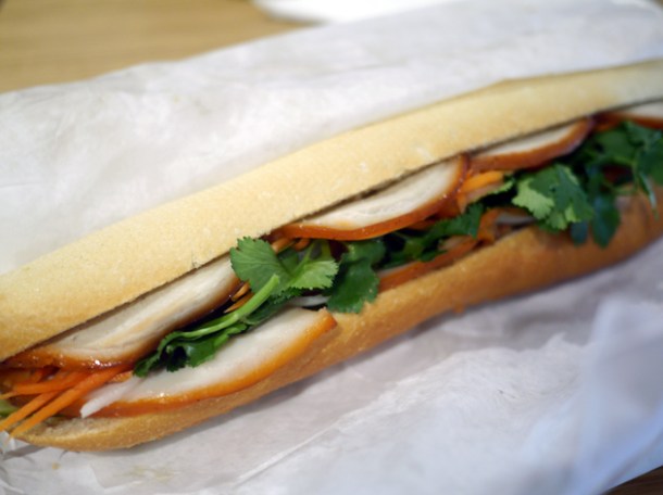 spiced pork banh mi at viet baguette