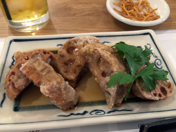 deep fried lotus root filled with chicken at muga