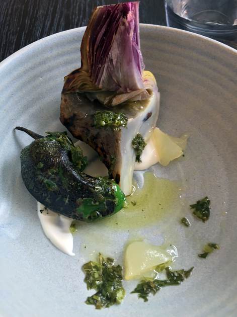 artichoke and padron pepper with curd and salsa at paradise garage