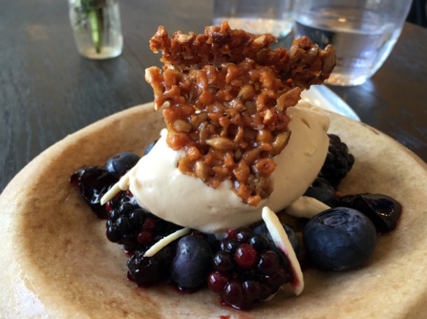 beer ice cream, blackberries and almond biscuit at paradise garage
