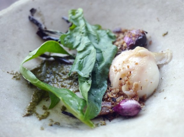 egg, spring onions, spinach and lardo at paradise garage
