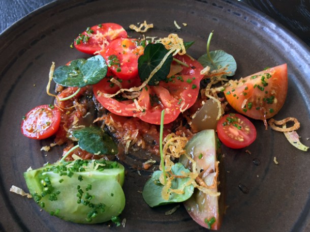 tomatoes, eel jelly and nasturtium at paradise garage
