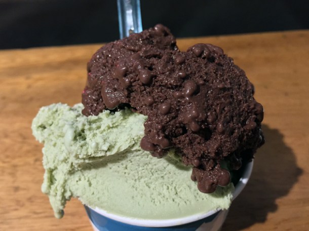 pistachio gelato and bitter chocolate gelato from gelupo at vico