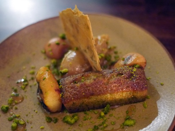 pistachio sponge cake with filo pastry and barbecued quince at oklava