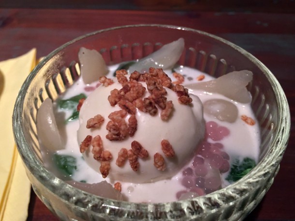 roasted rice kulfi, pandan jelly, sago, vermicelli, rambutan at hoppers