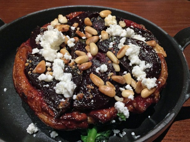 beetroot tarte tartin with feta and pine nuts at the ninth