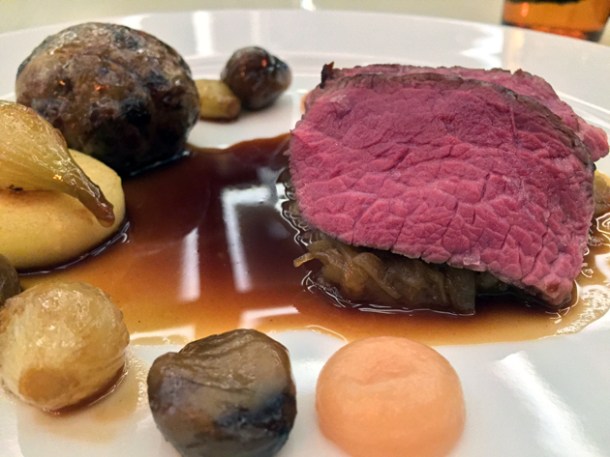 venison loin with quince puree, chestnuts and faggot at piquet