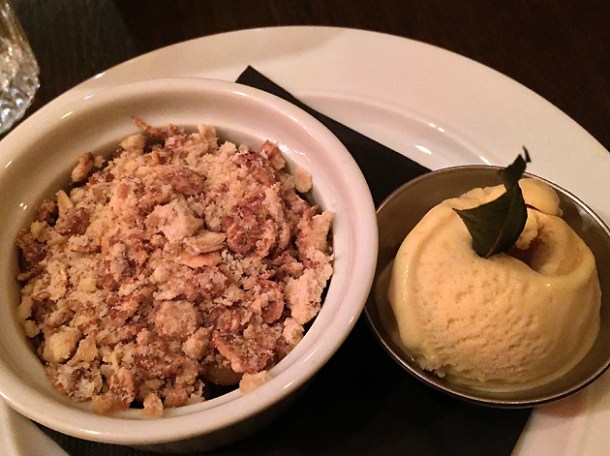 apple and fig crumble with curry leaf ice cream at gunpowder