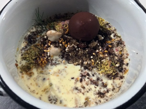 chocolate, almond milk, coffee and amaranth dessert at biko