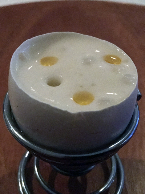 oaxacan sausage with potato foam in egg shell at benazuza
